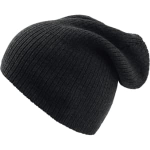 A black beanie made of ribbed fabric, featuring a slouchy design and a discreet logo.