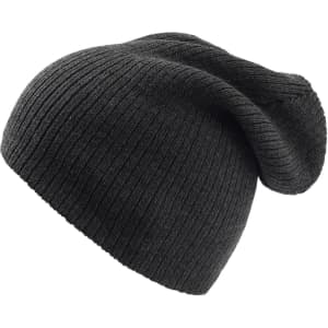 A dark grey beanie with a ribbed texture and a slouchy design, featuring a logo.