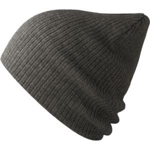 A green beanie made from recycled polyester with a ribbed texture and a slouchy fit. It features a branding logo.