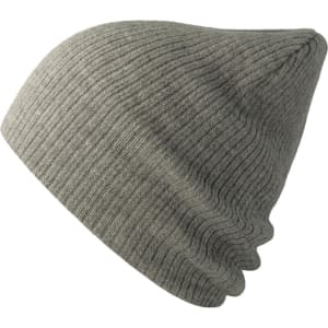 A grey ribbed beanie made from recycled polyester, featuring a logo.