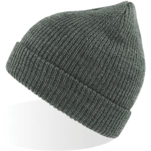 A dark green Woolly Beanie with a ribbed texture and a pointed top, featuring a logo.
