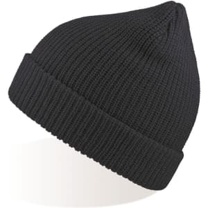 A black knitted beanie with a rolled cuff and a textured design, featuring a logo.