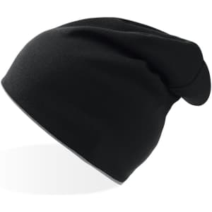 A black beanie with a slouchy design, featuring a subtle logo on the side.