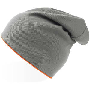 A grey beanie with an orange trim, featuring a relaxed fit and a slight slouch design. It has a logo.