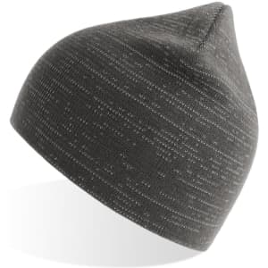 A grey beanie with a textured pattern and a pointed top. It features a logo on the side.