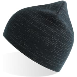 A dark green beanie with a textured pattern, featuring a pointed crown and a logo.