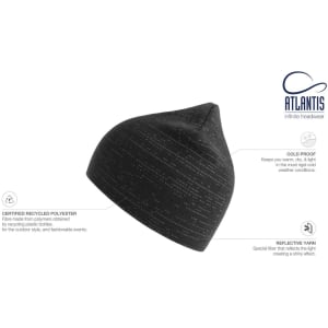 A black beanie made from recycled polyester, featuring reflective yarn for a stylish effect and a logo present.
