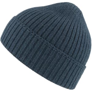 A navy blue ribbed beanie with a snug fit and a small logo on the side.