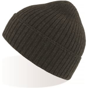 A black ribbed beanie with a snug fit and a simple design, featuring a logo on one side.