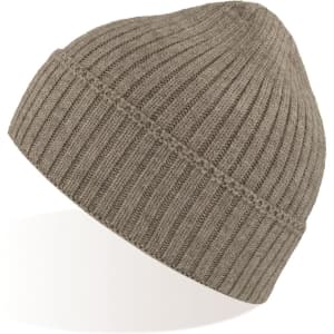 A taupe beanie with a ribbed texture and a small logo on the side, featuring a snug fit.