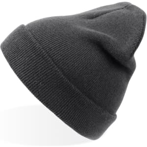A grey beanie with a folded cuff, featuring a smooth texture and a simple design. It has a logo on one side.