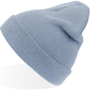 A light blue beanie with a rolled cuff and a soft texture, featuring a logo on the side.