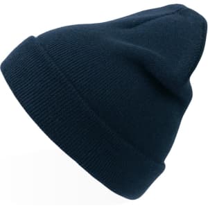 A navy blue beanie with a flexible fit, featuring a logo on the side.