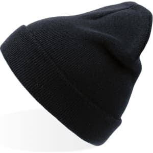 A black beanie featuring a folded cuff and a textured knit design. It has a small logo on the side.