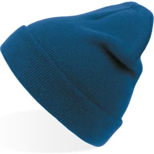 A dark blue beanie with a ribbed texture, featuring a small logo on the side.