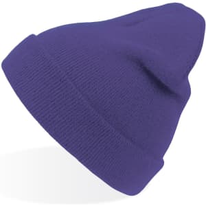 A purple beanie with a snug fit and a soft texture, featuring a logo.