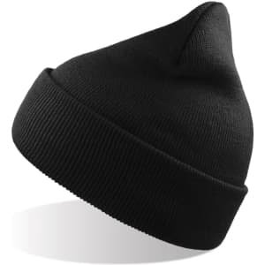 A black beanie with a pointed top made from recycled polyester, featuring a logo.