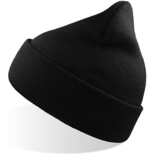 A black beanie made from recycled polyester, featuring a ribbed cuff and a pointed top.