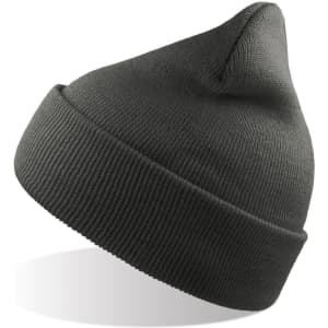 A grey beanie made from recycled polyester, featuring a ribbed texture and a folded cuff. It has a logo on it.