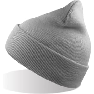 A grey beanie made from recycled polyester, featuring a ribbed design and a pointed top. It has a logo on the side.