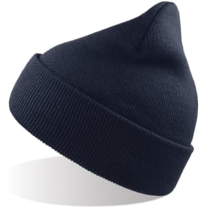 A blue beanie made from recycled polyester with a ribbed texture and a pointed top. It features a branding logo.