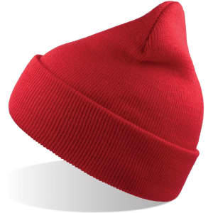 A red beanie made from recycled polyester, featuring a fold-up brim and a pointed top. It has a logo.