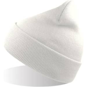 A white beanie made from recycled polyester, featuring a ribbed design and a branded logo.