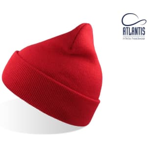 A red beanie with a pointed top, featuring a ribbed texture and a logo.
