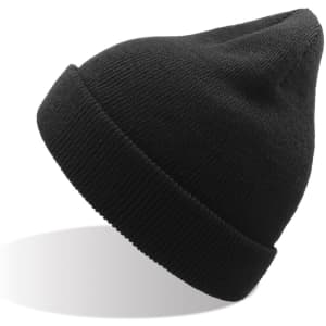 A black beanie made from recycled polyester, featuring a ribbed cuff and a pointed top.