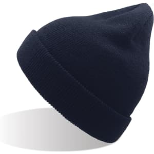 A navy blue beanie made from recycled polyester, featuring a cuffed design and a rounded top.
