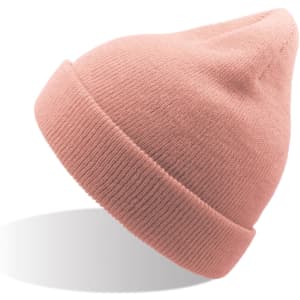 A pink beanie made from recycled polyester, featuring a classic knitted design and a fold-up brim.