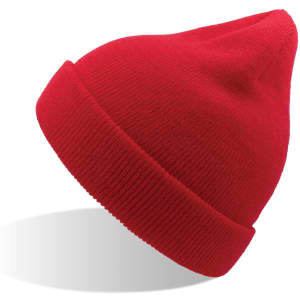 A red beanie made from recycled polyester, featuring a ribbed cuff and a pointed top.