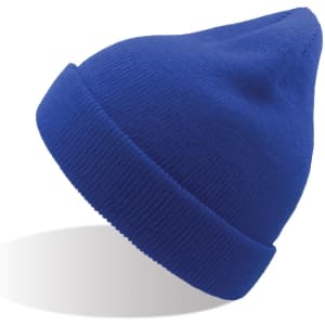 A blue beanie made from recycled polyester with a logo. Features a snug fit and a pointed top design.