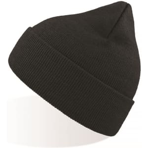 A black Eko Beanie with a ribbed texture and a tapered top, displayed at an angle. Features a logo.