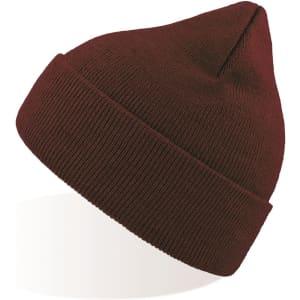 A maroon beanie with a ribbed texture and a tapered top, featuring a small logo on the side.