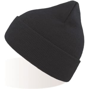 A black beanie with a ribbed texture and a tapered top, featuring a logo on the side.