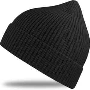 A black ribbed beanie with a pointed top, featuring a logo on the side.