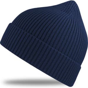 A navy ribbed beanie with a folded cuff and a logo on the side.