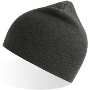 A dark green beanie with a smooth texture and pointed top, featuring a small logo.