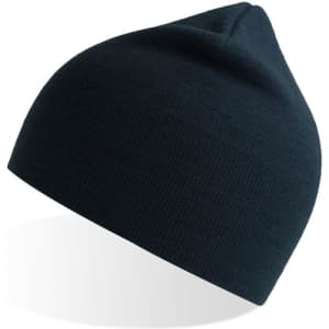 A dark blue beanie with a ribbed texture and a pointed top, featuring a logo.
