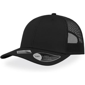 A black cap with a mesh back and a curved brim, featuring a logo on the side.