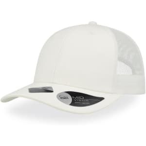 A white cap with a mid visor and a mesh back, featuring a logo on the front.