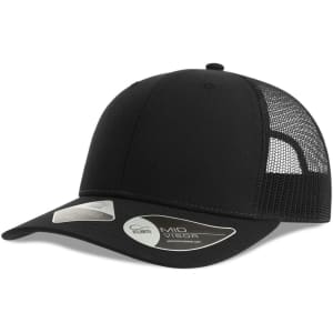 A black trucker cap featuring a solid front and mesh back, with a logo on the side.