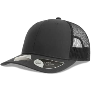 A black trucker cap featuring a solid front and mesh back, with a curved visor and logo branding.