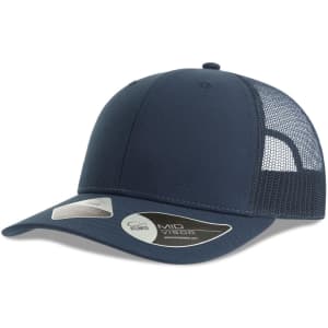A navy trucker cap featuring a solid front panel and mesh back, with a branded logo on the side.