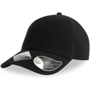 A black mid-visor cap featuring a logo, designed for casual wear.