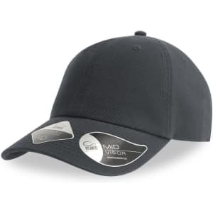 A black organic dad hat with a mid visor and a logo on the side.