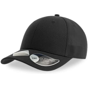 A black cap with a curved visor and a logo on the side, designed for headwear.
