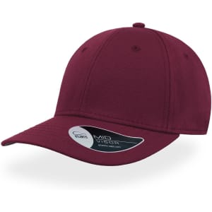 A maroon cap with a rounded crown and a curved brim, featuring a small logo on the side.