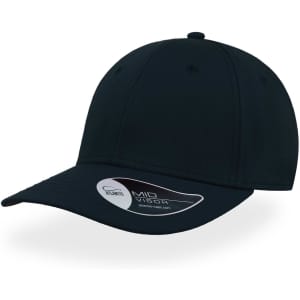 A black cap with a mid visor, featuring a branded label on the side.
